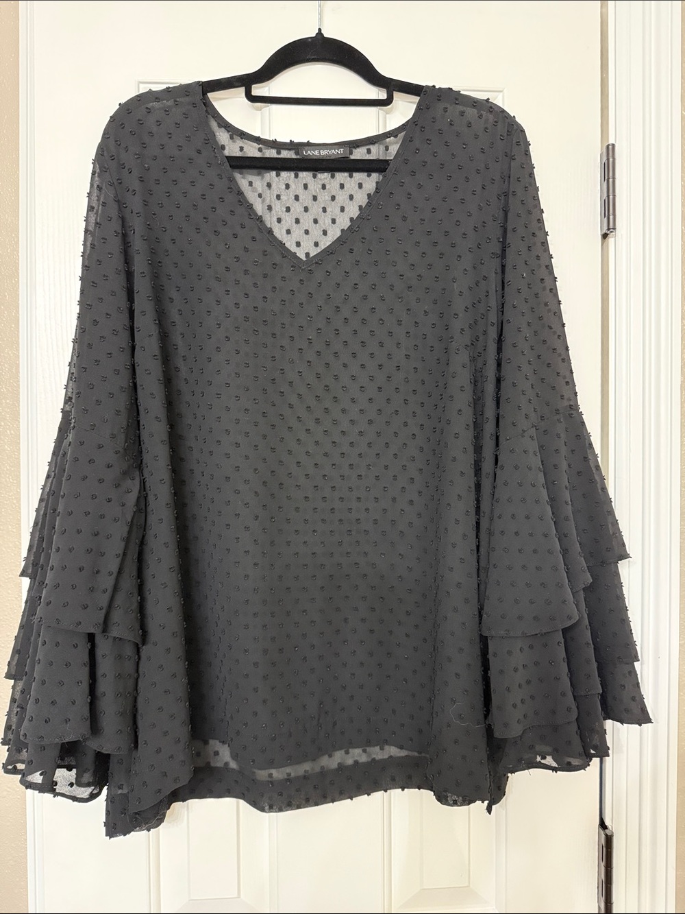 Lane Bryant Charcoal Black Swiss Dot Tiered Bell Sleeve Top
